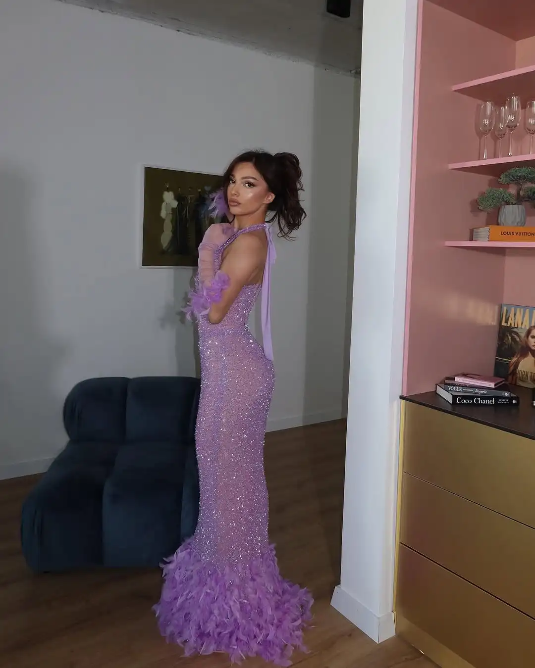 Sexy Halter Sheer Sequins Long Mermaid Evening Dresses Pretty Lavender See Thru Sequined Formal Dress African Dubai Feather Gown