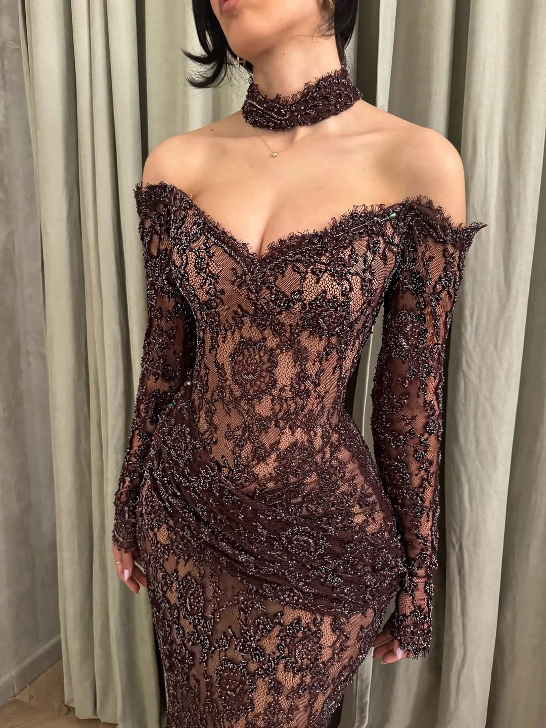 Sexy Lace Mermaid Evening Dress for Ball Gown Party Cocktail Formal Wear Long Sleeve Off Shoulder Women's Gown See Thru Gala