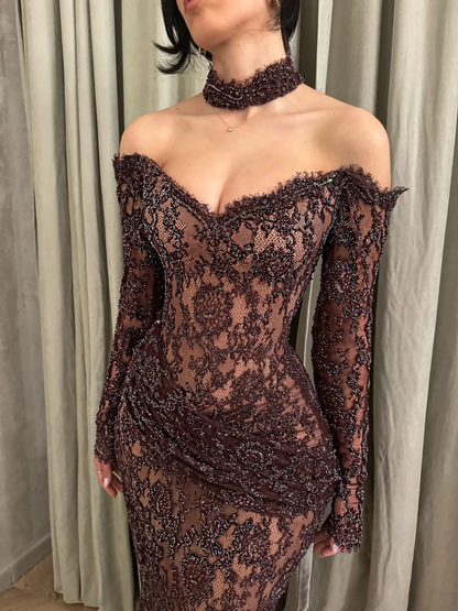 Sexy Lace Mermaid Evening Dress for Ball Gown Party Cocktail Formal Wear Long Sleeve Off Shoulder Women's Gown See Thru Gala