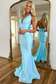 Sexy Mermaid Low V Neck Halter Sleeveless Prom Party Dress Open Back Bow Knot Evening Party Dress