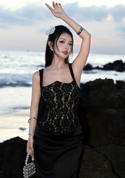 Sexy Mermaid Spaghetti Strap Lace Satin Long Prom Dress Evening Dress