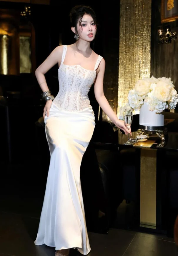 Sexy Mermaid Spaghetti Strap Lace Satin Long Prom Dress Evening Dress