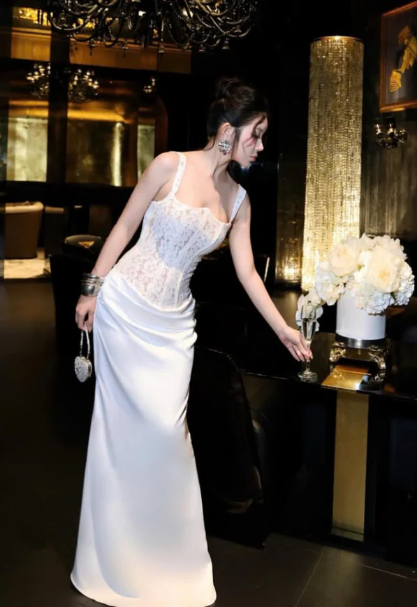 Sexy Mermaid Spaghetti Strap Lace Satin Long Prom Dress Evening Dress