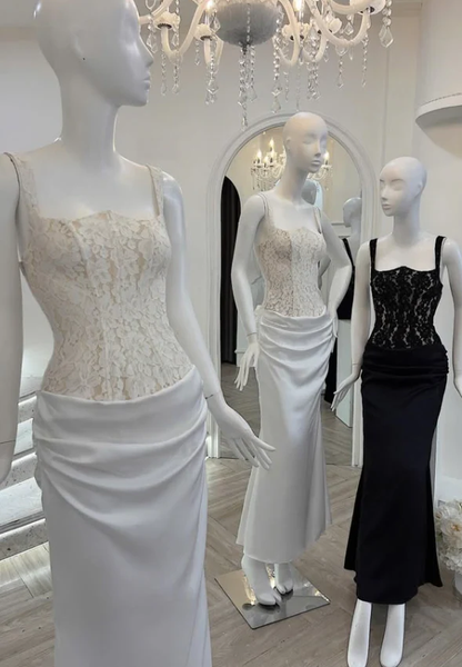 Sexy Mermaid Spaghetti Strap Lace Satin Long Prom Dress Evening Dress