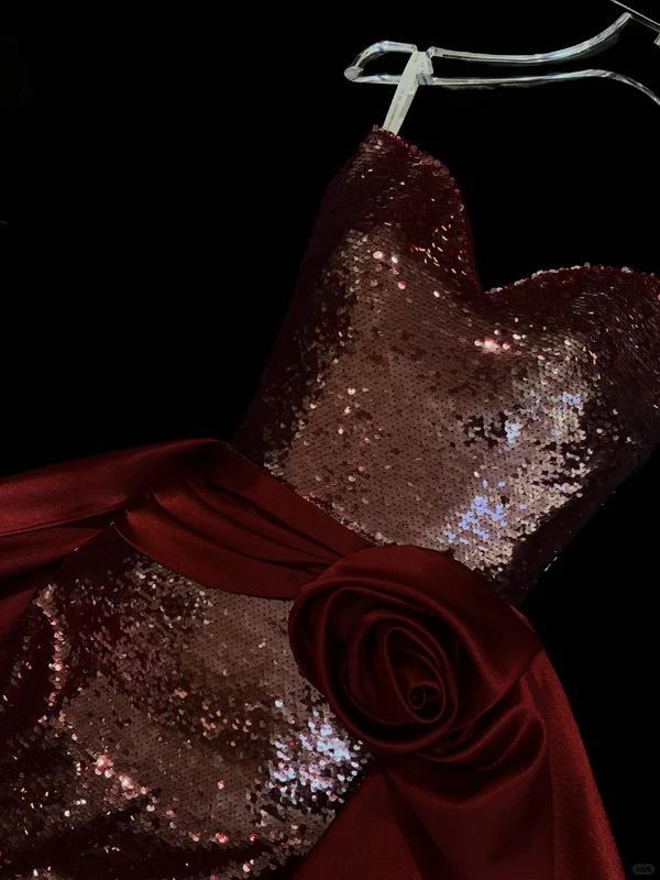 Sexy Mermaid Sweetheart Neck Dark Burgundy Sequin Satin Long Prom Dress Evening Dress