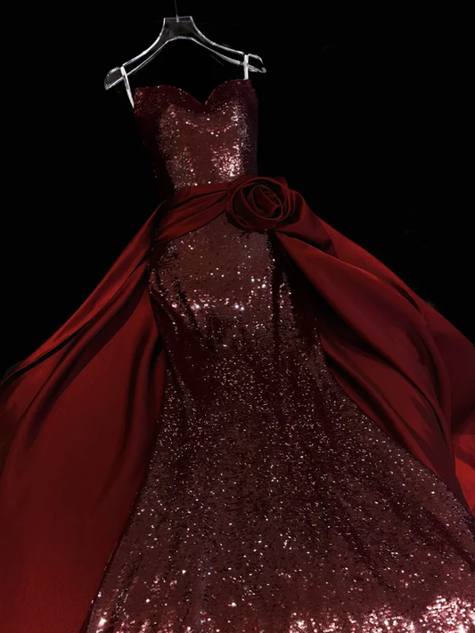 Sexy Mermaid Sweetheart Neck Dark Burgundy Sequin Satin Long Prom Dress Evening Dress