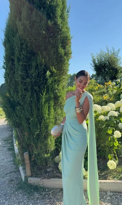 Sexy One-shoulder Sheath Long Prom Dresses Chiffon Green Evening Gowns