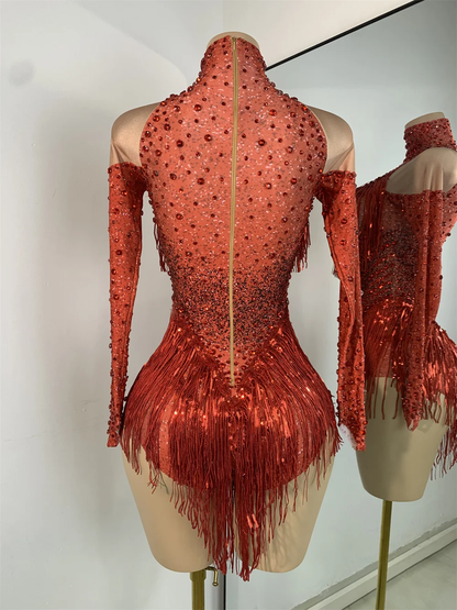 Sexy Performance Dance Costume Singer Dancer Stage Wear Sparkly Rhinestones Sequins Tassel Bodysuit for Women Birthday Outfit