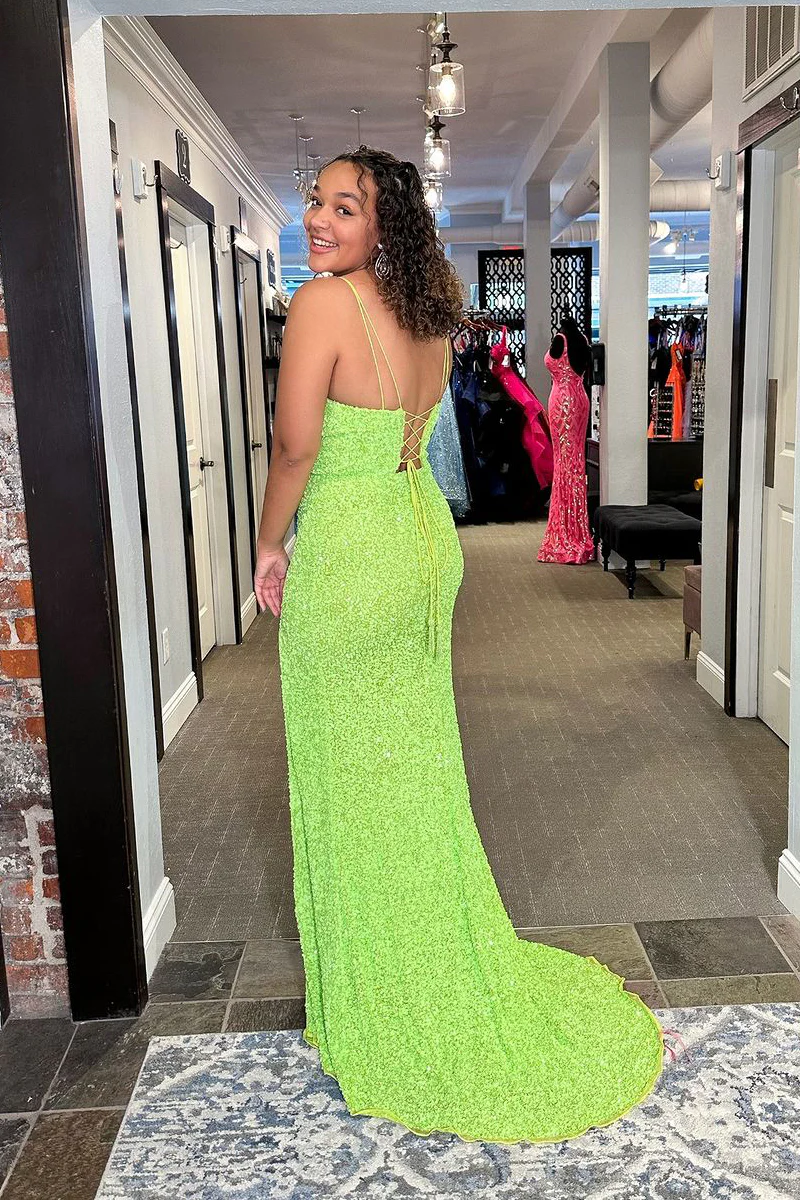 Sexy V Neck Sequins Mermaid Long Prom Dresses with Slit