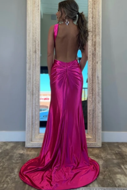 Sexy & Hot Mermaid Halter Sleeveless Pleated Prom Party Dress High Side Slit and Train Open Back Cocktail Dress