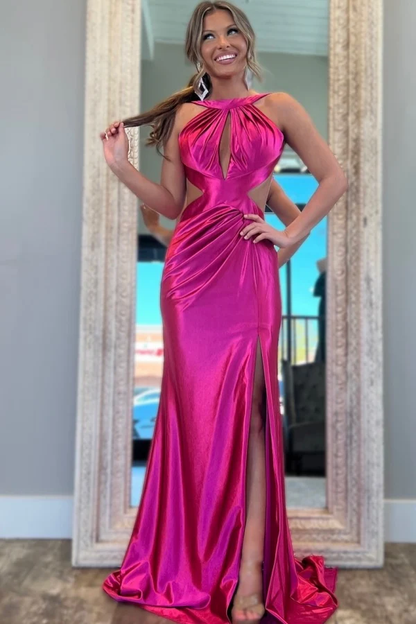 Sexy & Hot Mermaid Halter Sleeveless Pleated Prom Party Dress High Side Slit and Train Open Back Cocktail Dress