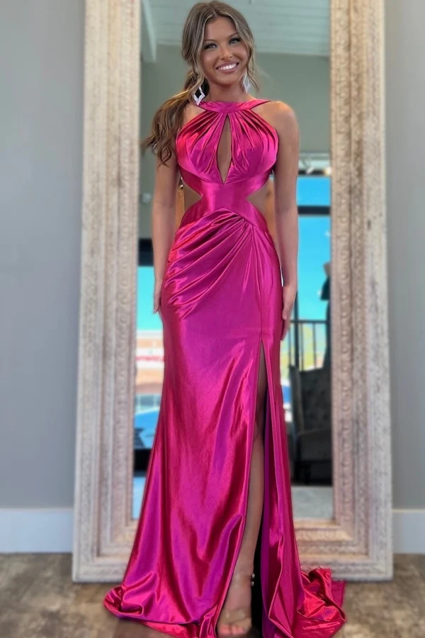Sexy & Hot Mermaid Halter Sleeveless Pleated Prom Party Dress High Side Slit and Train Open Back Cocktail Dress