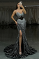 Sexy & Hot Sheath Sweetheart Neck Straps Sleeveless Beaded Pleated Prom Party Dress High Side Slit and Train Evening Gown