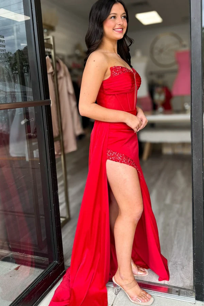 Sexy & Hot Sheath V Neck Sleeveless Pleated Beaded Prom Party Dress High Side Slit and Train Evening Gown Cocktail Dress Evening Dress