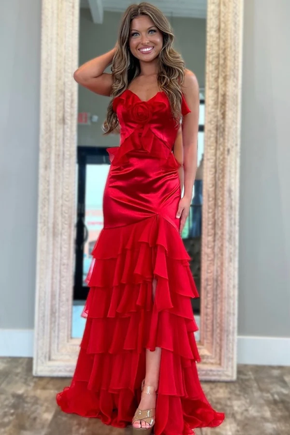 Sexy & Hot Sheath V Neck Spaghetti Straps Sleeveless 3D Flower Ruffles Tiered High Side Slit and Train Prom Party Dress Evening Formal Gown Cocktail Dress