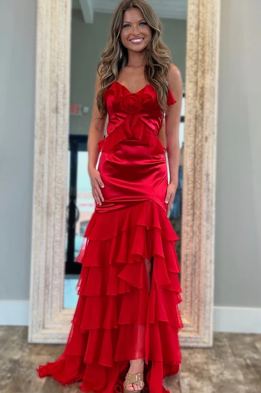 Sexy & Hot Sheath V Neck Spaghetti Straps Sleeveless 3D Flower Ruffles Tiered High Side Slit and Train Prom Party Dress Evening Formal Gown Cocktail Dress