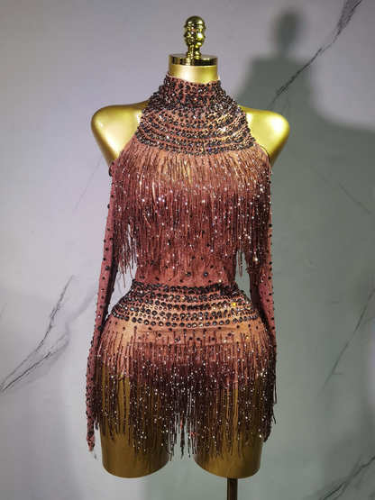 Sexy Performance Dance Costume Singer Dancer Stage Wear Sparkly Rhinestones Sequins Tassel Bodysuit for Women Birthday Outfit