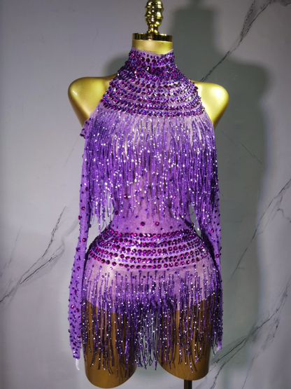 Sexy Performance Dance Costume Singer Dancer Stage Wear Sparkly Rhinestones Sequins Tassel Bodysuit for Women Birthday Outfit