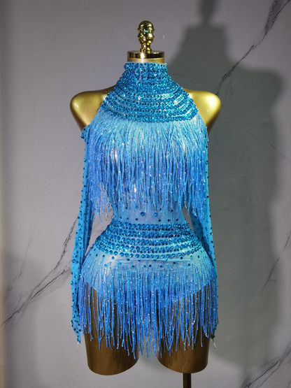 Sexy Performance Dance Costume Singer Dancer Stage Wear Sparkly Rhinestones Sequins Tassel Bodysuit for Women Birthday Outfit