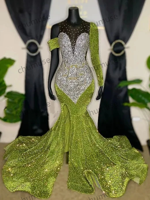 Green African American Prom Dresses Mermaid Long Sleeves Sequins Black Girls Evening Dresses Gown