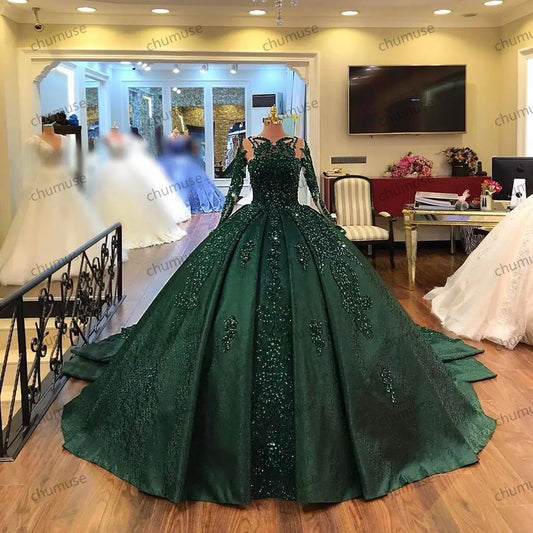 Gorgeous Long Sleeve Red Quinceanera Dresses Lace Appliques Ball Gown Sparkly Sweet 16 Year Princess Dress For 15 Years vestidos