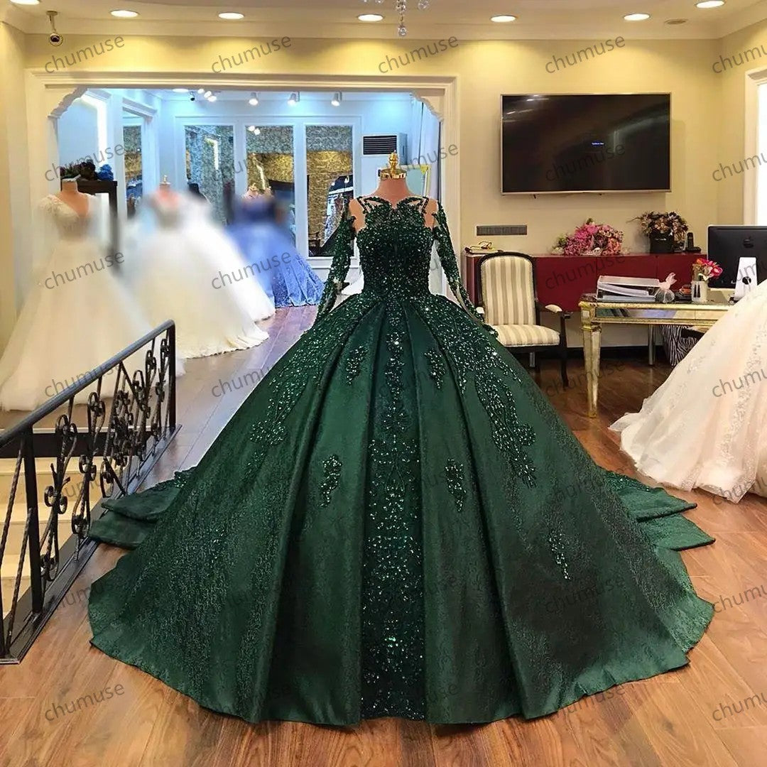 Gorgeous Long Sleeve Red Quinceanera Dresses Lace Appliques Ball Gown Sparkly Sweet 16 Year Princess Dress For 15 Years vestidos