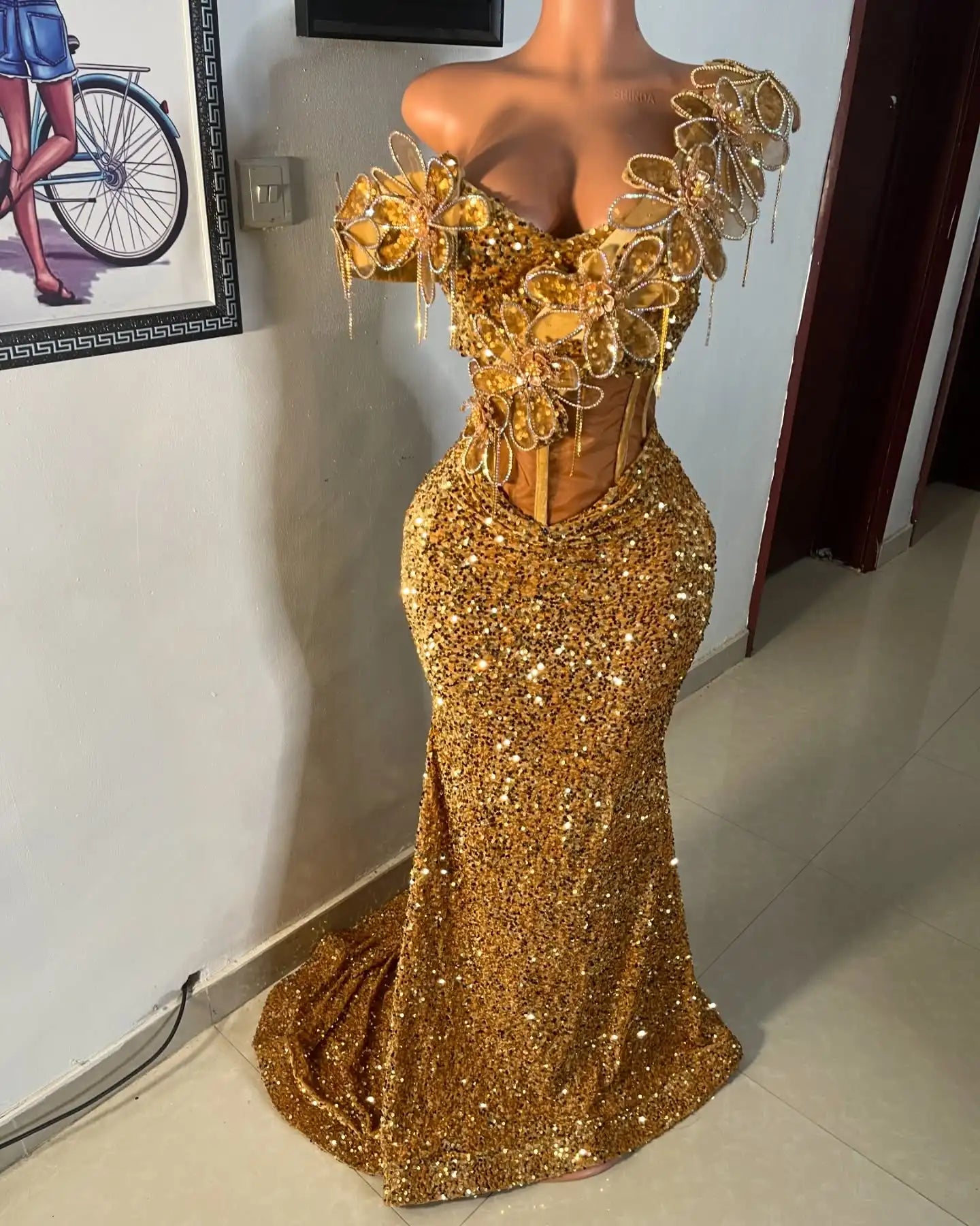 Saudi Arabia Luxury Gold Corset Sequins Evening Dresses 3D Flowers Beading One Shoulder Mermaid Sparkling Crystal Fishbone Gown