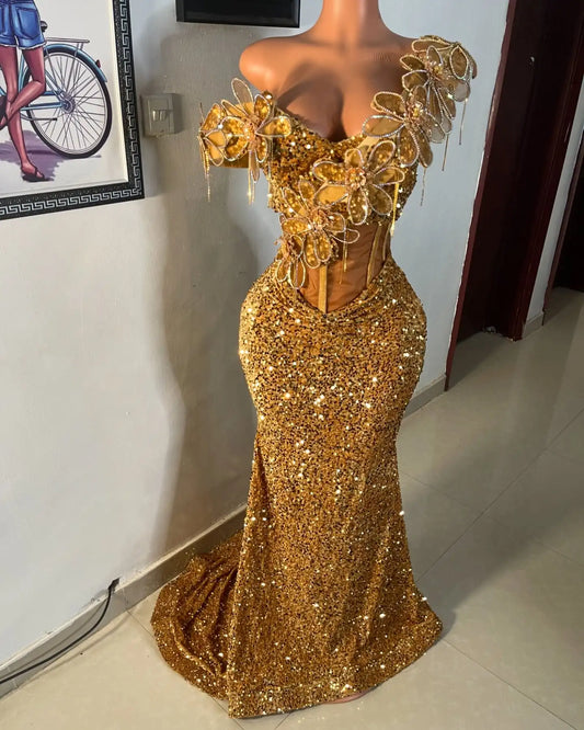 Saudi Arabia Luxury Gold Corset Sequins Evening Dresses 3D Flowers Beading One Shoulder Mermaid Sparkling Crystal Fishbone Gown