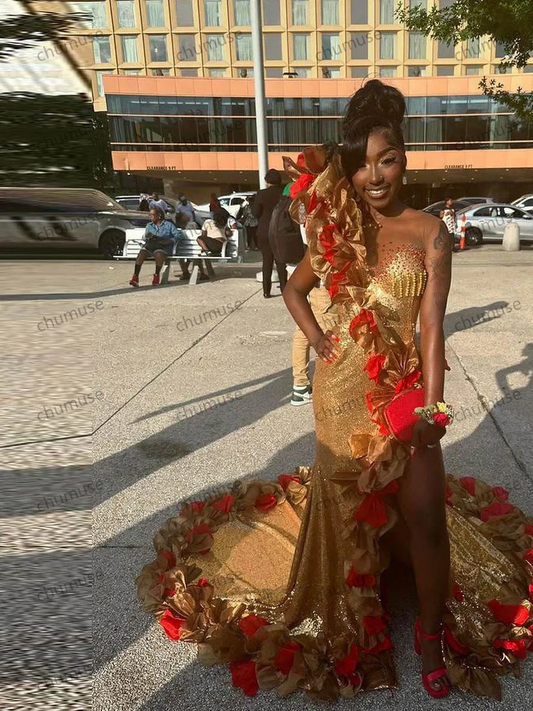 Vestidos de festa à noite estilo sereia, vermelho e dourado, com decote transparente e babados, apliques Aso EBi, vestidos longos formais para mulheres