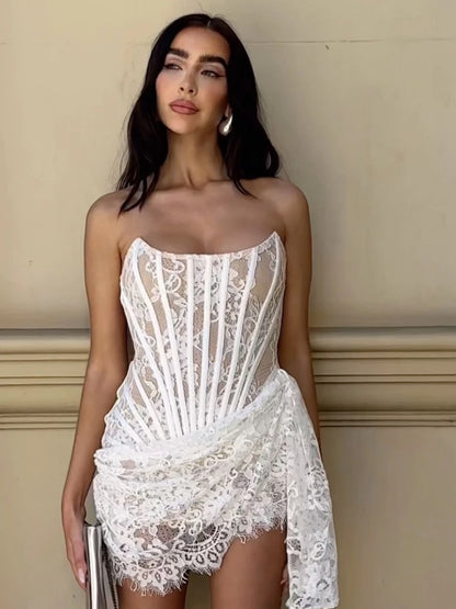 Sexy Strapless Lace Corset Draped Adjusted Dress Women White Black Red Lace Lace-up Bodycon Mini Dress Elegant Party Club Dress