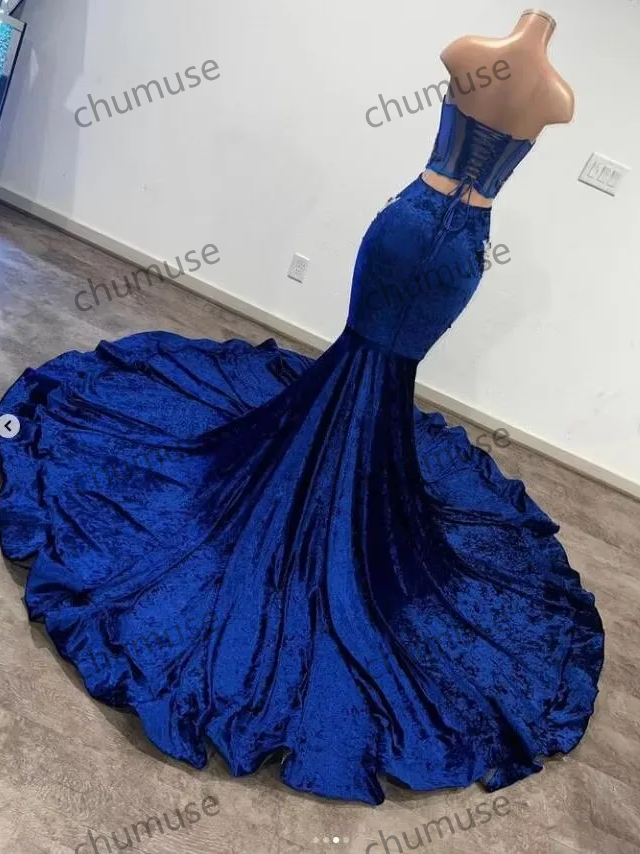 Blue Mermaid African Prom Dress For Women Cusotmized Luxury Beaded Sheer