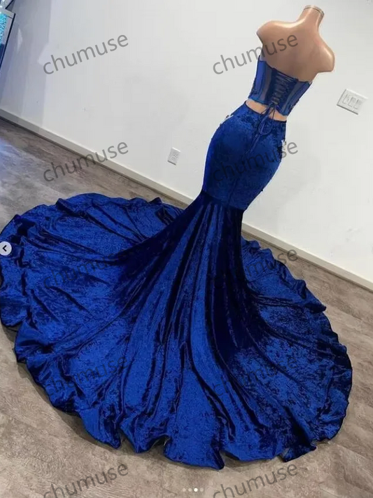 Blue Mermaid African Prom Dress For Women Cusotmized Luxury Beaded Sheer