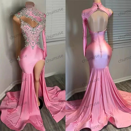 Luxury Pink Long Prom Dress Long Sleeves Evening Dresses Bead Crystals High Neck Birthday Dress Customized