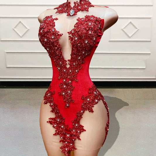 Vestidos de fiesta cortos de lujo en rojo diamante para fiesta de cumpleaños, con apliques de cuentas, sexys, transparentes, minivestidos de cóctel para mujer.