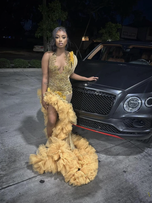 Vestidos de fiesta negros con volantes dorados brillantes, de lujo, estilo sirena, con cuentas y diamantes de imitación, abertura alta, para fiesta formal de noche y gala.