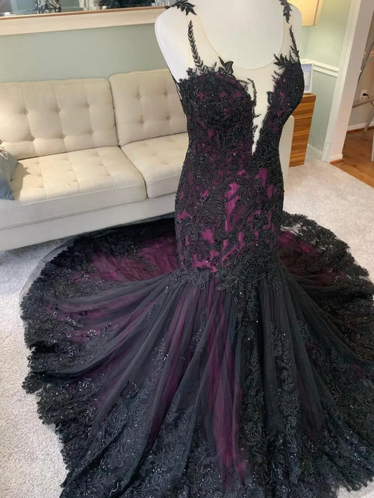 Purple and Black Mermaid Wedding Dresses Gothic Applique customsized Sheer Neck Covered Buttons Bridal Gown Robe De Mariage