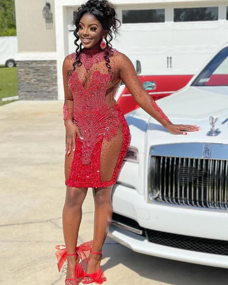 Ruby Red Short Prom Homecoming Dress with Long Sleeve Luxury Crystal Black Girl Birthday Cocktail Gown bestido de gala