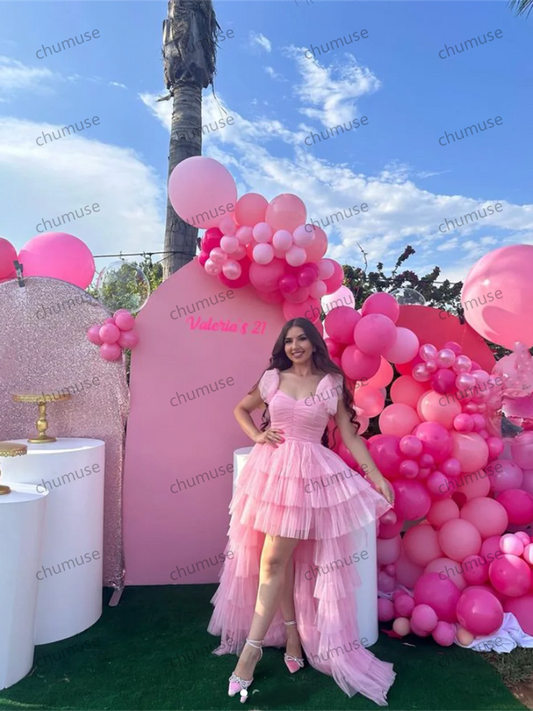 Vestido de fiesta de escote corazón, alto y bajo, de tul rosa, multicapa, con corsé, personalizado