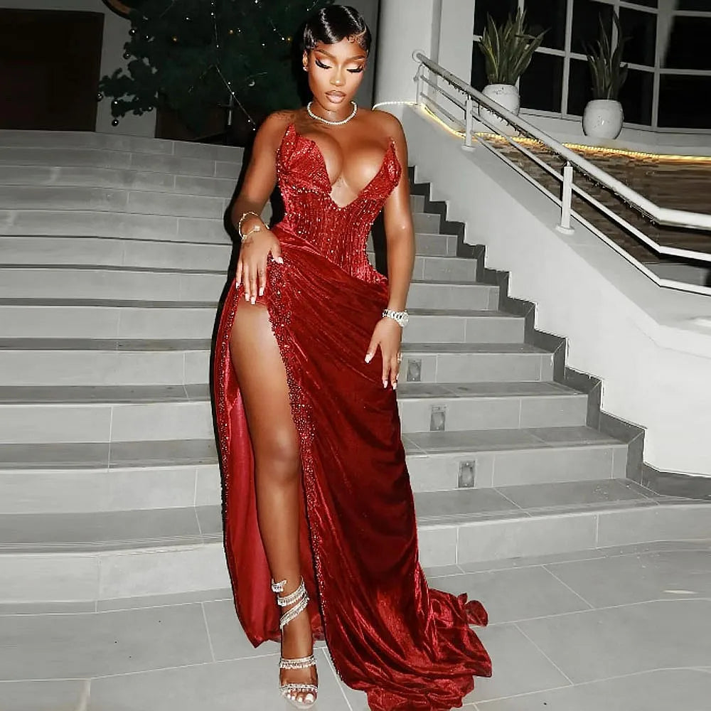 Red Velvet Mermaid Prom Dresses For African Wmen Sweetheart Major Pearls Sequins High Slit Evening Party Dress Birthday Gowns
