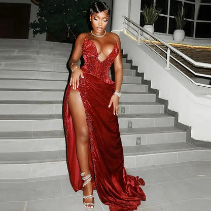 Red Velvet Mermaid Prom Dresses For African Wmen Sweetheart Major Pearls Sequins High Slit Evening Party Dress Birthday Gowns
