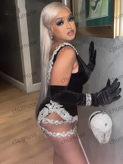 Robes d'anniversaire en velours noir pour femmes, robes de bal de luxe ornées de perles