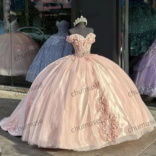 Vestidos de quinceañera rosas con apliques de flores 3D para fiesta de cumpleaños y graduación 