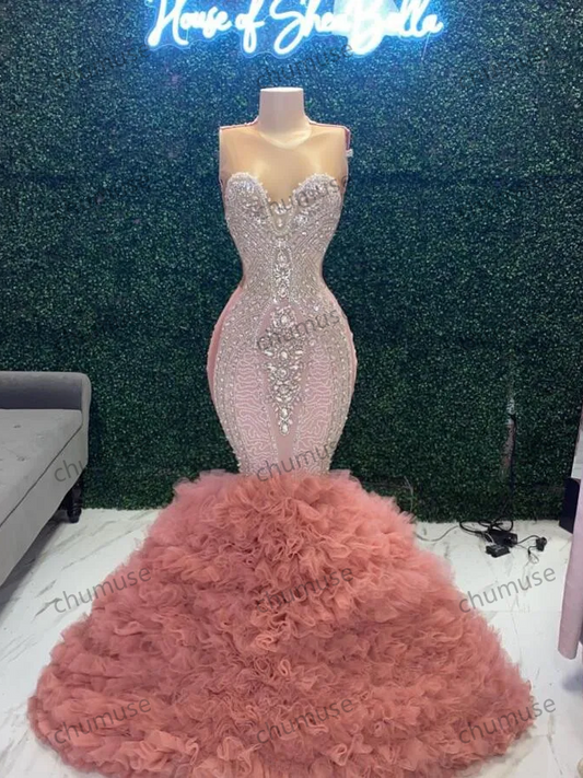 Vestido de noche africano brillante de color rosa para mujer, con falda de volantes de cristal y diamantes de lujo.