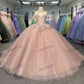 Shiny Pink Quinceanera Dresses Ball Gowns Applique Beads Crystal Tulle Lace-Up
