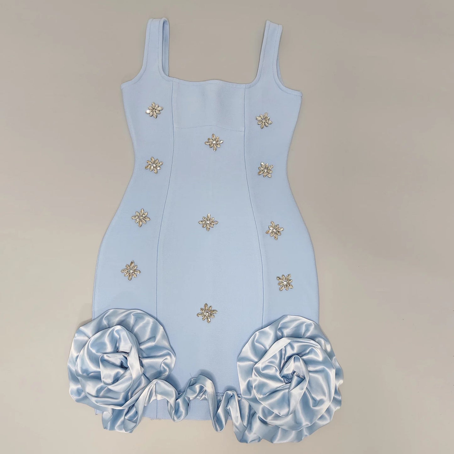 Women New Summer Bandage Dress Tank Square Collar Diamonds Appliques Bodycon Mini High Street Evening Club Party Dress