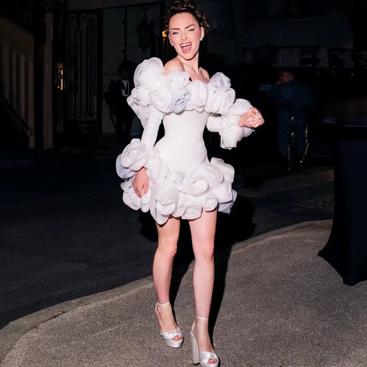 3D Floral Dress Woman Handmade Flowers Short Prom Party Dresses Sequined White Ivory Rose Sleeve Birthday Bridal Dress Custom