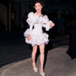 3D Floral Dress Woman Handmade Flowers Short Prom Party Dresses Sequined White Ivory Rose Sleeve Birthday Bridal Dress Custom