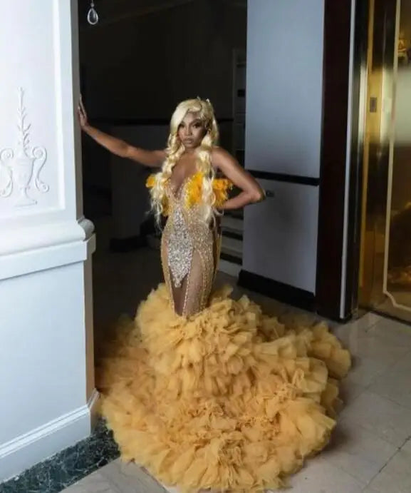 Lindos vestidos de baile sereia, decote transparente, apliques de renda, babados com miçangas, cauda, ​​vestidos de noite sem costas, vestidos formais para mulheres