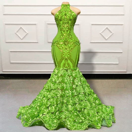 Vestidos de fiesta largos verdes con lentejuelas brillantes y flores 3D, vestidos africanos de sirena para mujer, vestidos formales de noche para fiesta, hechos a medida 
