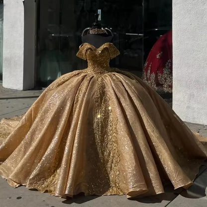 Glittering Gold Ball Gown Quinceanera Dresses Vestidos De 15 Anos Appliques Birthday Princess Party Customized